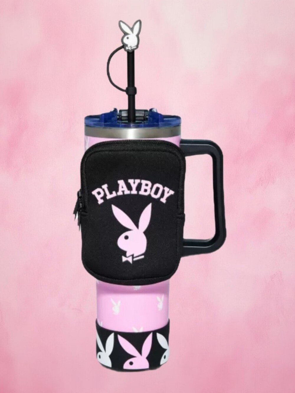 Pink Playboy Travel Tumbler with Straw Topper and Pouch